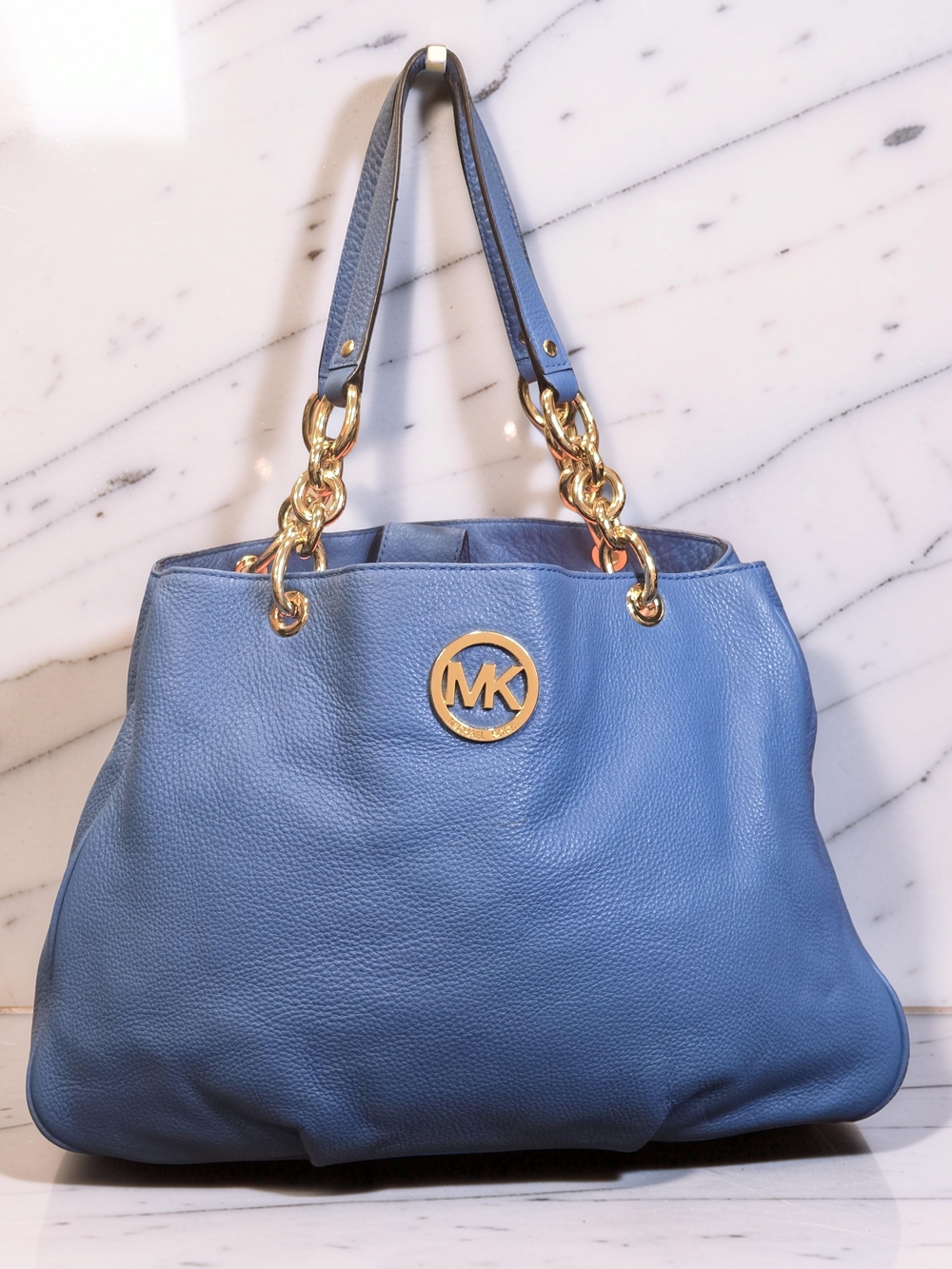 Michael Kors Fulton Large Chain Shoulder Tote Blue EUC